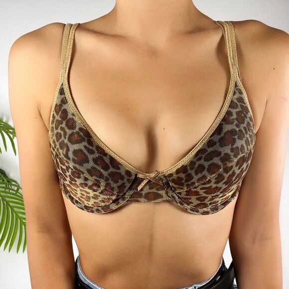 Vintage Y2K Leopard Print Brown Metallic Underwire Padded Bra Bralette / 34B - Picture 3 of 5